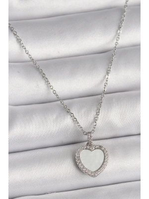 316L Çelik Gümüş Renk Zincir Zirkon Taşlı Beyaz Mineli Kalp Model Kadın Kolye