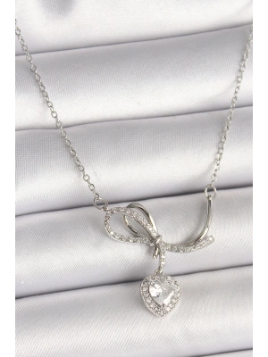 316L Çelik Gümüş Renk Zincir Zirkon Taşlı Düğüm Sallantı Kalp Figür Kadın Kolye