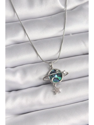 316L Çelik Gümüş Renk Zincir Zirkon Taşlı Gezegen Model Kadın Kolye