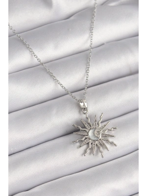 316L Çelik Gümüş Renk Zincir Zirkon Taşlı Güneş Model Sedefli Ay İşleme Detay Kadın Kolye
