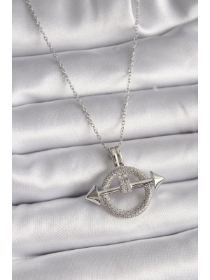 316L Çelik Gümüş Renk Zincir Zirkon Taşlı Halka Model Kadın Kolye