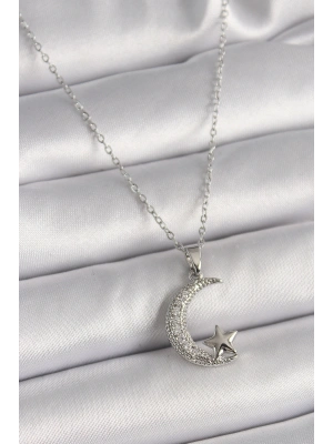 316L Çelik Gümüş Renk Zincir Zirkon Taşlı Hilal Model Yıldız Detay Kadın Kolye