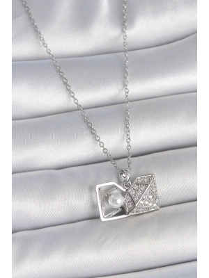 316L Çelik Gümüş Renk Zincir Zirkon Taşlı İncili Açılır Elmas Model Kadın Kolye