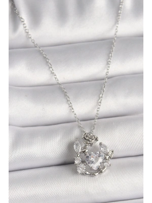 316L Çelik Gümüş Renk Zincir Zirkon Taşlı Kalp Figür Gül Detay Kadın Kolye