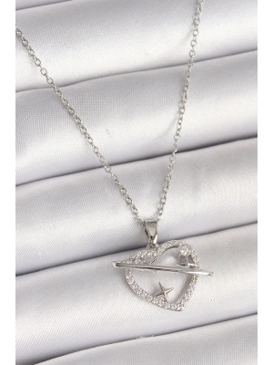 316L Çelik Gümüş Renk Zincir Zirkon Taşlı Kalp Model Yıldız Detay Kadın Kolye