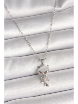 316L Çelik Gümüş Renk Zincir Zirkon Taşlı Kedi Model Kadın Kolye