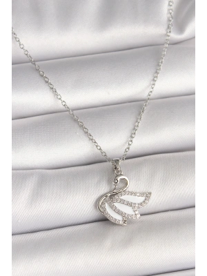 316L Çelik Gümüş Renk Zincir Zirkon Taşlı Kuğu Model Kadın Kolye