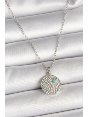 316L Çelik Gümüş Renk Zincir Zirkon Taşlı Mavi Taş Detaylı Madalyon Model Kadın Kolye