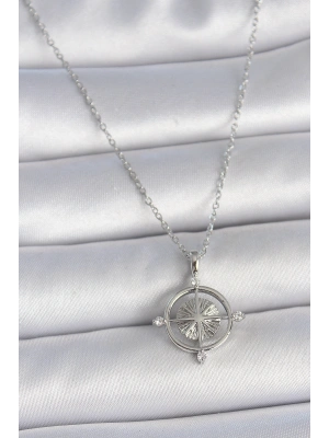 316L Çelik Gümüş Renk Zincir Zirkon Taşlı Pusula Model Kadın Kolye