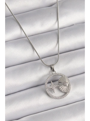 316L Çelik Gümüş Renk Zincir Zirkon Taşlı Yıldız Madalyon Model Kadın Kolye