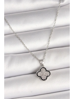316L Çelik Gümüş Renk Zincir Zirkon Taşlı Yonca Model Kadın Kolye