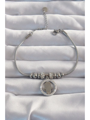 316L Çelik Gümüş Renk Zirkon Taş Aksesuarlı Fatma Ana Eli Bileklik