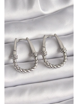 316L Çelik Gümüş Renk Zirkon Taş Detaylı Burma Halka Model Kadın Küpe