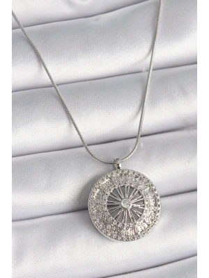 316L Çelik Gümüş Renk Zirkon Taşlı 12 Burç Madalyon Model Kadın Kolye