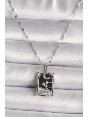 316L Çelik Gümüş Renk Zirkon Taşlı  Ay Figürlü Taror Model Kadın Kolye