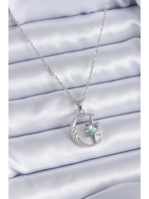 316L Çelik Gümüş Renk Zirkon Taşlı Ay Yıldız Model Kadın Kolye