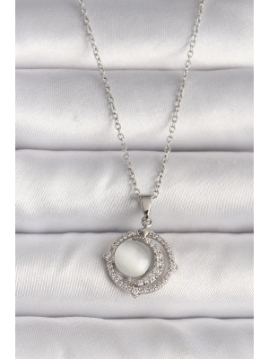 316L Çelik Gümüş Renk Zirkon Taşlı Beyaz Sedefli Hilal Model Kadın Kolye