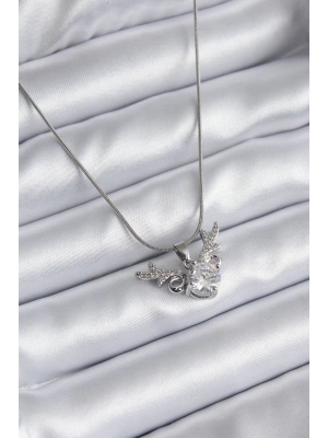 316L Çelik Gümüş Renk Zirkon Taşlı Boynuz Model Kadın Kolye