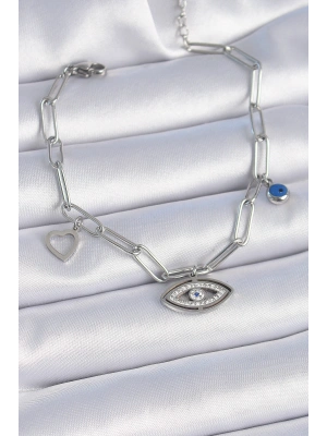 316L Çelik Gümüş Renk Zirkon Taşlı Göz Figür Kalp Detay Kadın Bileklik