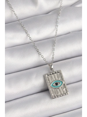 316L Çelik Gümüş Renk Zirkon Taşlı Göz İşleme Detaylı Plaka Model Kadın Kolye