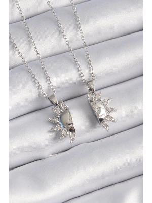 316L Çelik Gümüş Renk Zirkon Taşlı Güneş Model İşleme Yazı Detay Arkadaşlık Kolyesi