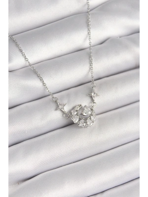 316L Çelik Gümüş Renk Zirkon Taşlı Hilal Kalp Model Kadın Kolye