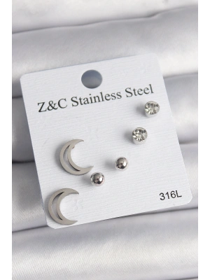 316L Çelik Gümüş Renk Zirkon Taşlı Hilal Model Kadın Küpe Seti