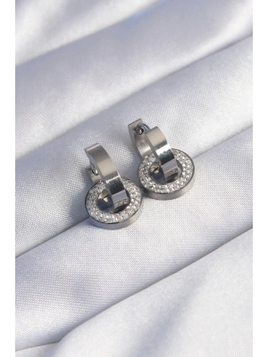 316L Çelik Gümüş Renk Zirkon Taşlı İç İçe Geçmeli Oval Küpe