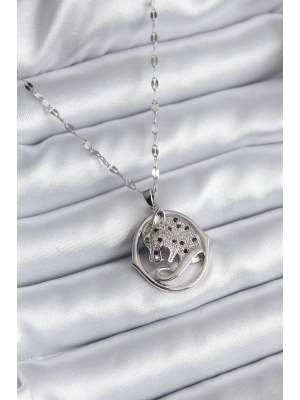 316L Çelik Gümüş Renk Zirkon Taşlı Jaguar Model Kadın Kolye