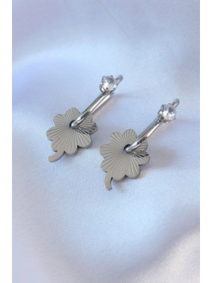 316L Çelik Gümüş Renk Zirkon Taşlı Kadın Göçmen Küpesi