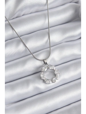 316L Çelik Gümüş Renk Zirkon Taşlı Kadın Kolye