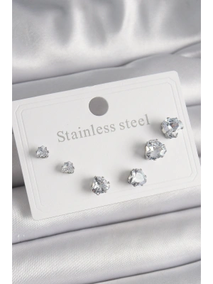 316L Çelik Gümüş Renk Zirkon Taşlı Kalp Model Kadın Küpe Seti