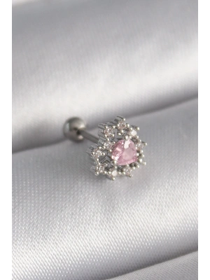 316L Çelik Gümüş Renk Zirkon Taşlı Kalp Tragus Piercing