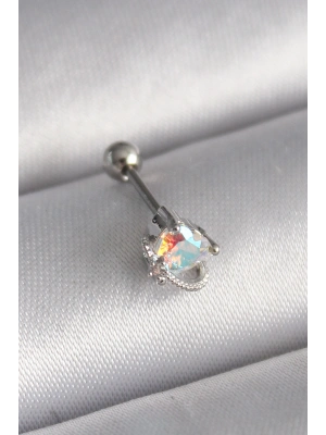 316L Çelik Gümüş Renk Zirkon Taşlı Kalp Tragus Piercing