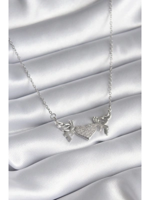 316L Çelik Gümüş Renk Zirkon Taşlı Kanat Kalp Model Kadın Kolye