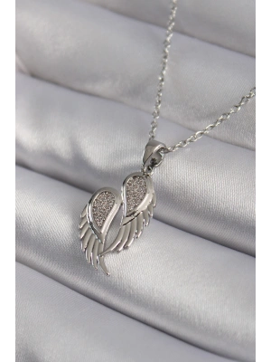316L Çelik Gümüş Renk Zirkon Taşlı Kanat Model Kadın Kolye