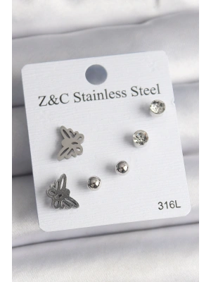 316L Çelik Gümüş Renk Zirkon Taşlı Kelebek Model Kadın Küpe Seti