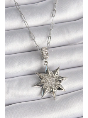 316L Çelik Gümüş Renk Zirkon Taşlı Kutup Yıldızı Model Kadın Kolye