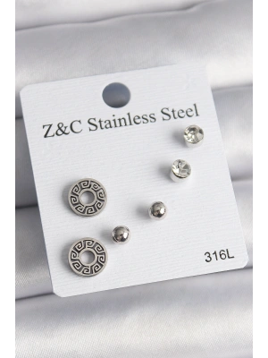 316L Çelik Gümüş Renk Zirkon Taşlı Labirent Model Kadın Küpe Seti