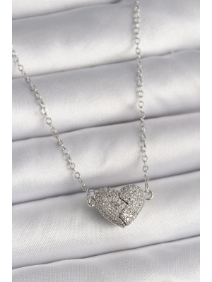 316L Çelik Gümüş Renk Zirkon Taşlı Mıknatıslı Kalp Model Kadın Kolye