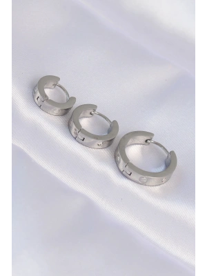 316L Çelik Gümüş Renk Zirkon Taşlı Model 3lü Halka Küpe