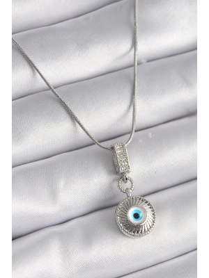 316L Çelik Gümüş Renk Zirkon Taşlı Nazar Boncuk Model Kadın Kolye