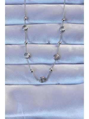 316L Çelik Gümüş Renk Zirkon Taşlı Top Zincirli Kolye