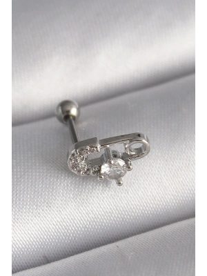 316L Çelik Gümüş Renk Zirkon Taşlı Toplu İğne Tragus Piercing