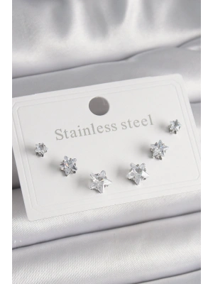 316L Çelik Gümüş Renk Zirkon Taşlı Yıldız Model Kadın Küpe Seti