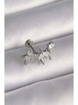 316L Çelik Gümüş Renk Zirkon Taşlı Yıldız Model Tragus Piercing
