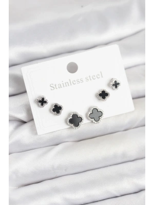 316L Çelik Gümüş Renk Zirkon Taşlı Yonca Model Kadın Küpe Seti