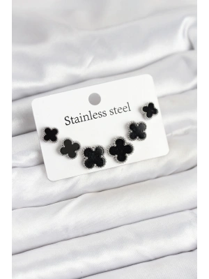 316L Çelik Gümüş Siyah Renk 3 Boy Yonca Küpe Seti