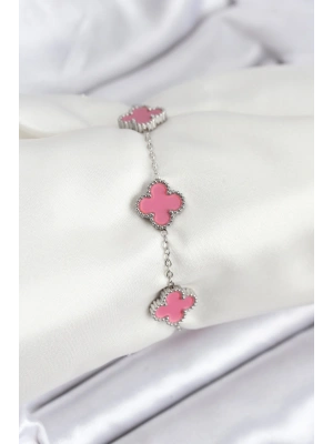 316L Çelik Gümüş Zincir Pembe Renk Yonca Bileklik