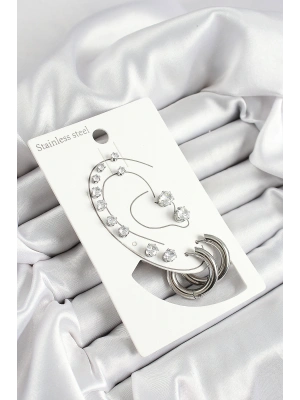 316L Çelik Halka Figürlü Ve Zirkon Taşlı Gümüş Renk 7li Çift Kadın Küpe Set